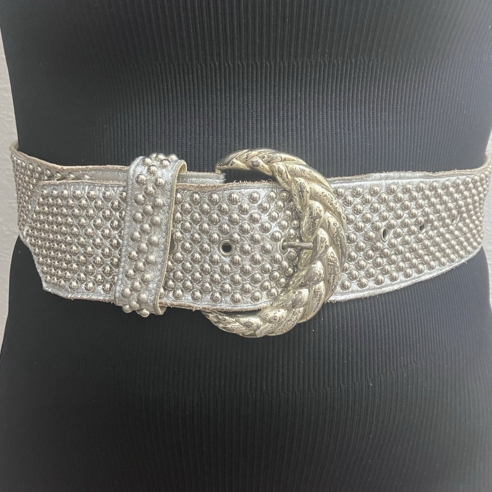 VTG Sand Castle New York Leather Belt Silver Studded Wide 80s Glam Rock 25-31"